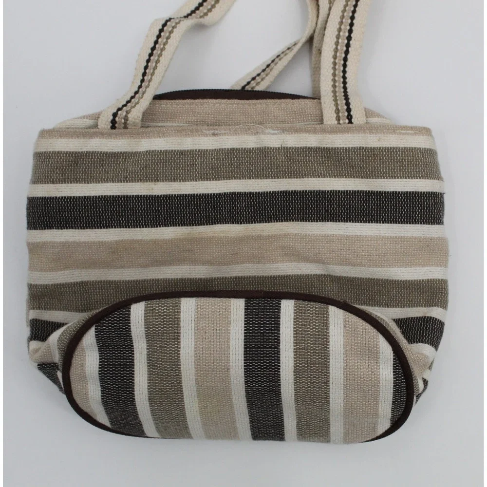 Mexican‎ Artisan Embroidered Lele Doll Striped Tote Bag Kids Brown Cream Woven